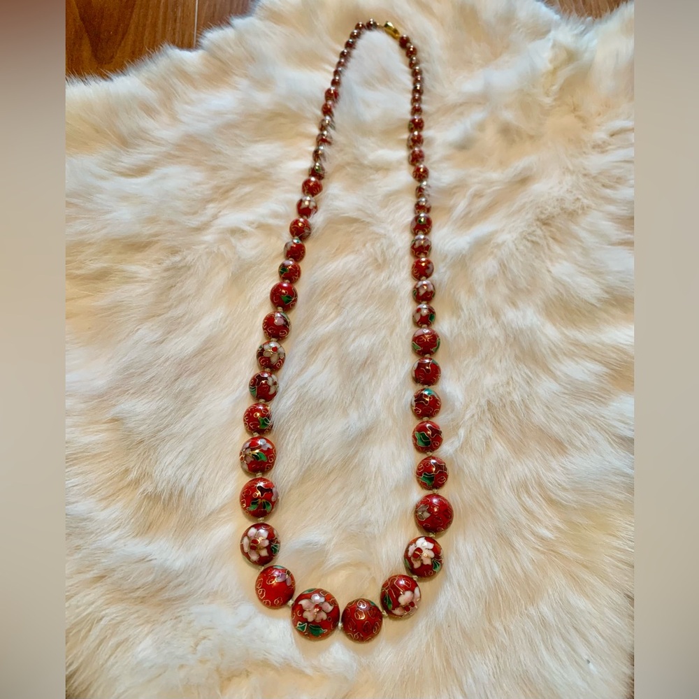 Antique Chinese Porcelain Red Floral Necklace
